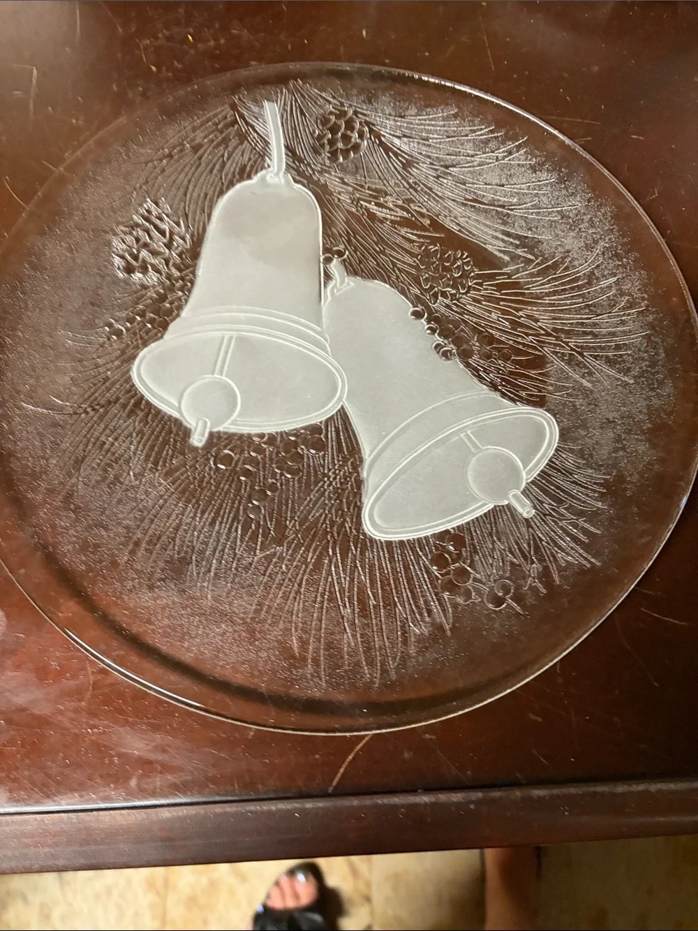 Etched Glass Serving Platter with Holiday Bell Design